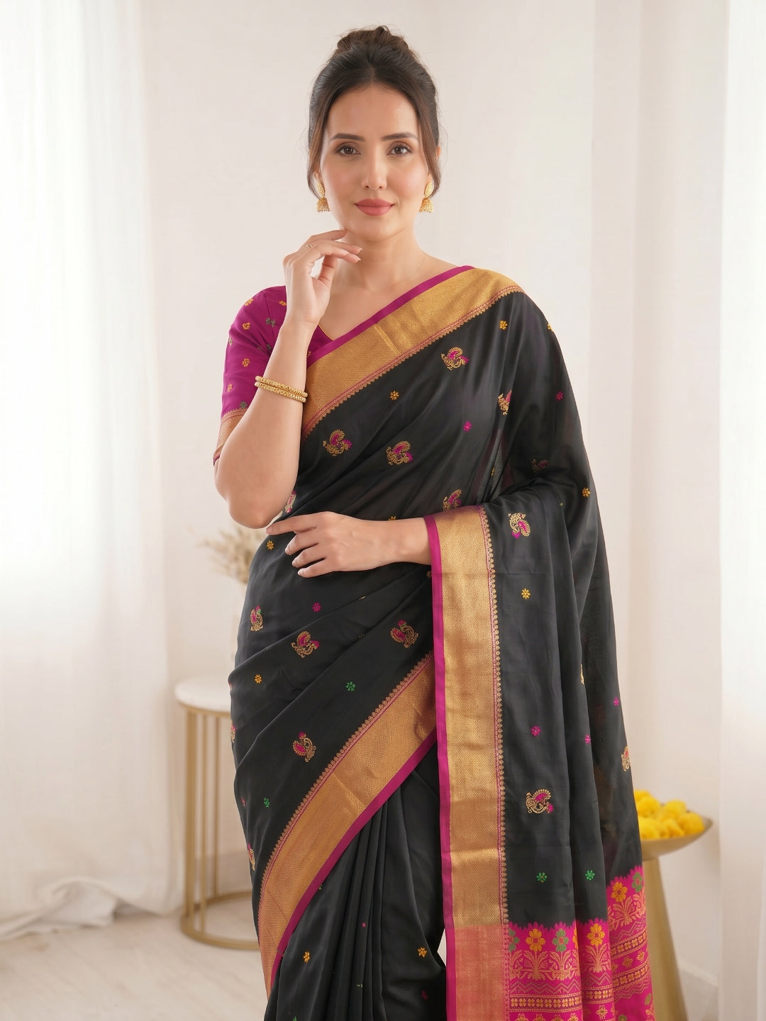 Black Traditional Soft Silk Saree with Floral &amp; Peacock Pattern Saree