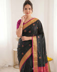 Black Traditional Soft Silk Saree with Floral & Peacock Pattern Saree