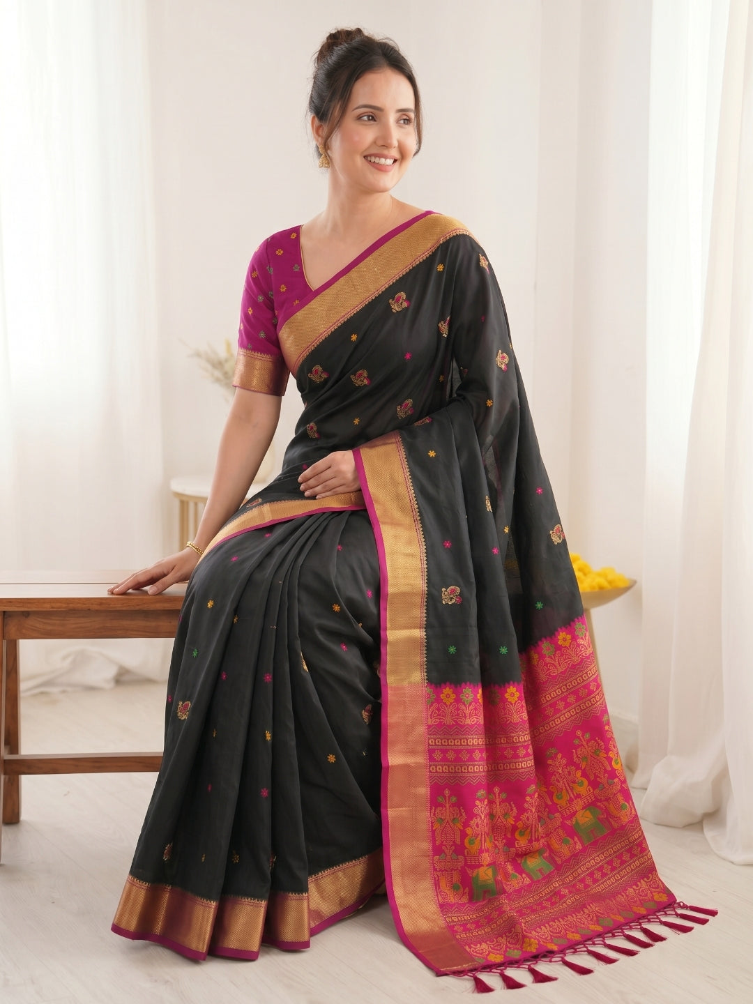Black Traditional Soft Silk Saree with Floral &amp; Peacock Pattern Saree