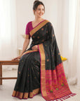 Black Traditional Soft Silk Saree with Floral & Peacock Pattern Saree