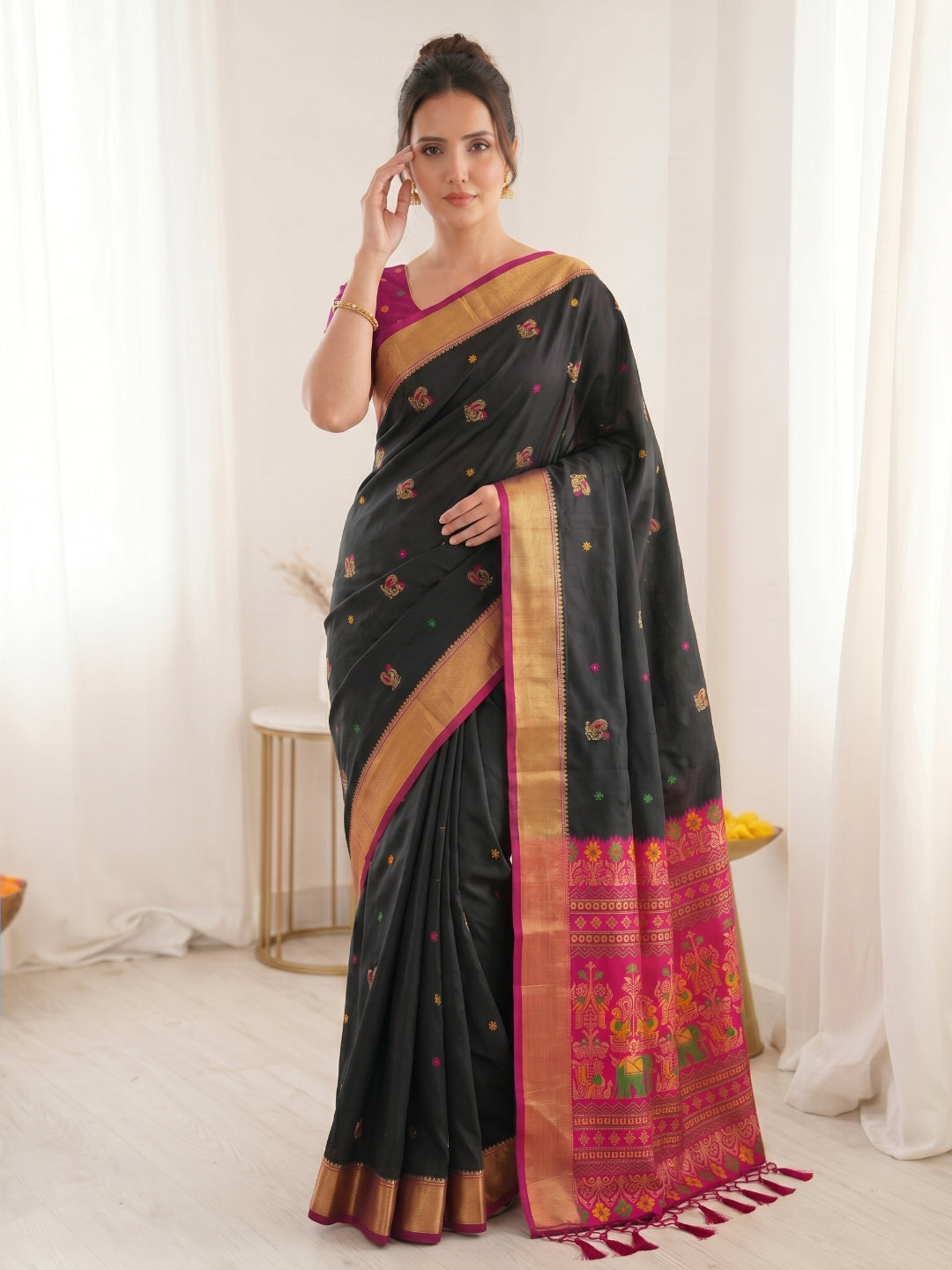 Black Traditional Soft Silk Saree with Floral &amp; Peacock Pattern Saree