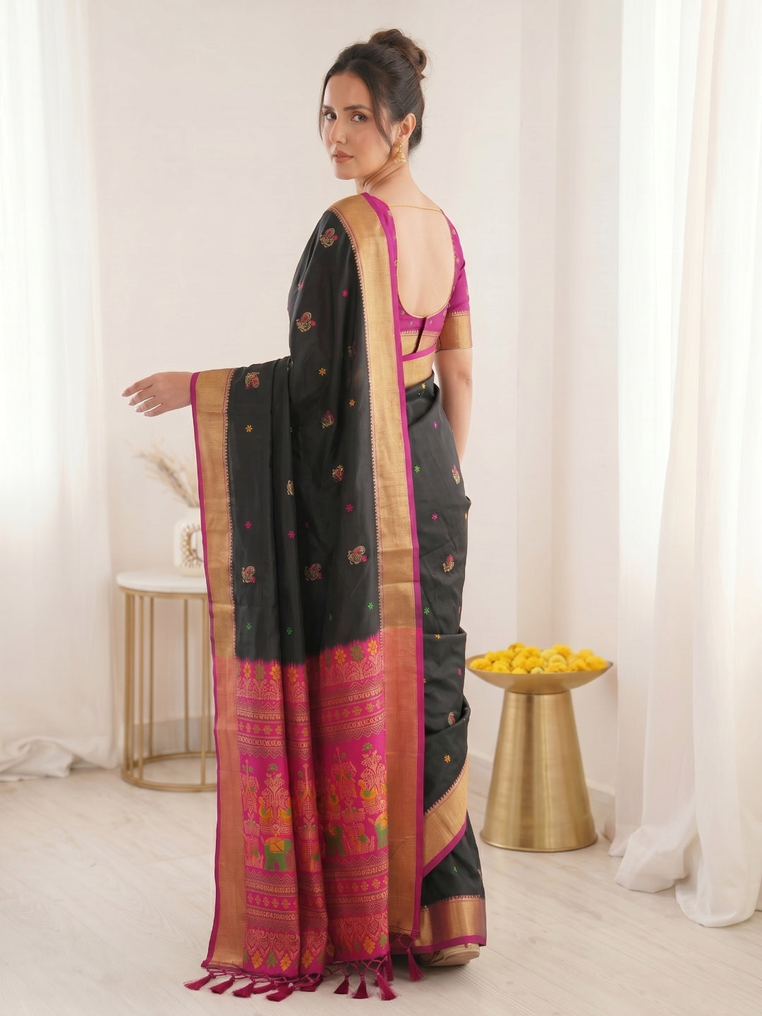 Black Traditional Soft Silk Saree with Floral &amp; Peacock Pattern Saree