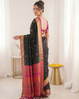 Black Traditional Soft Silk Saree with Floral & Peacock Pattern Saree