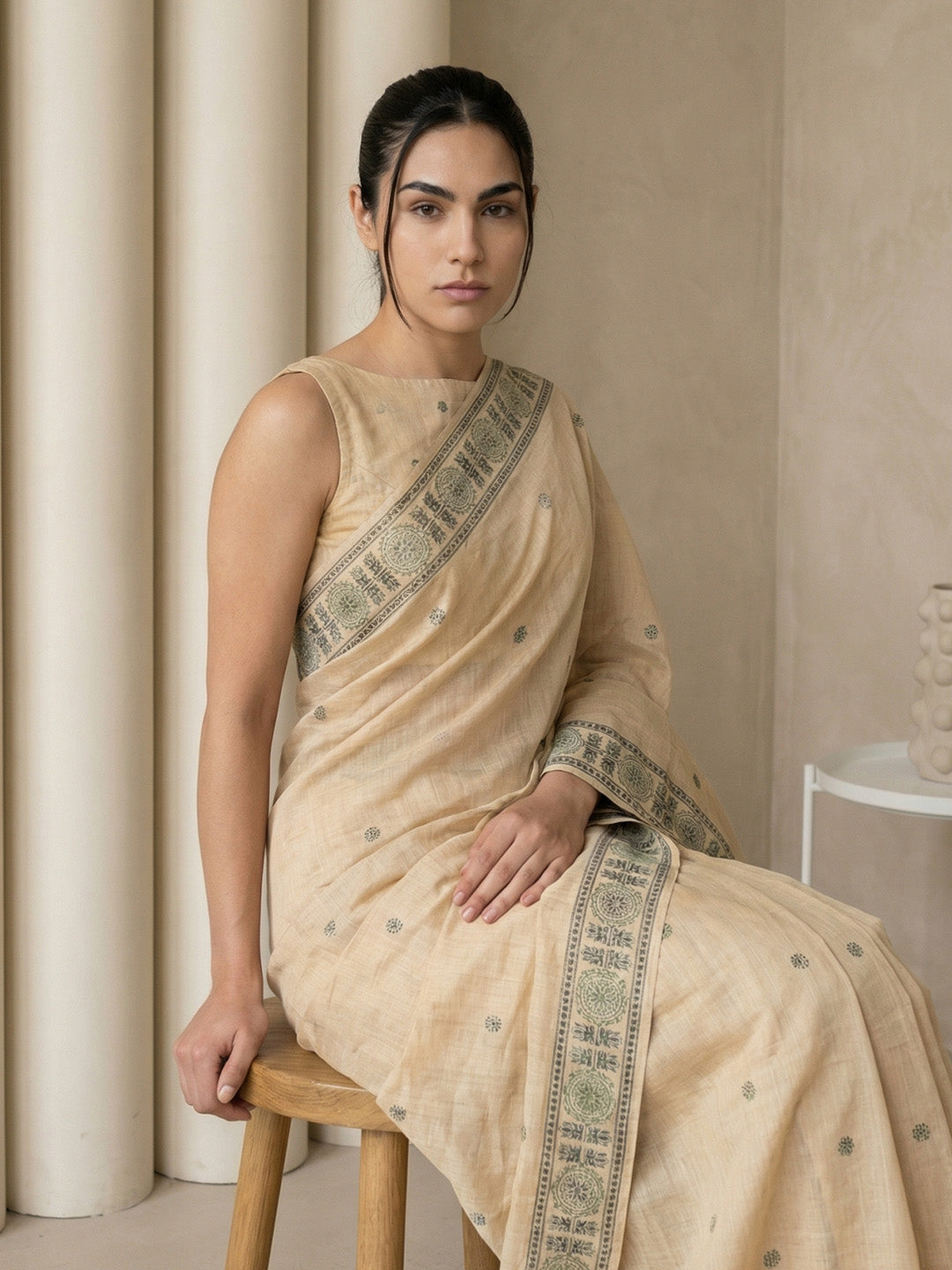 Chickoo Soft Muga Cotton with Handblock Kalamakri Pattern Saree