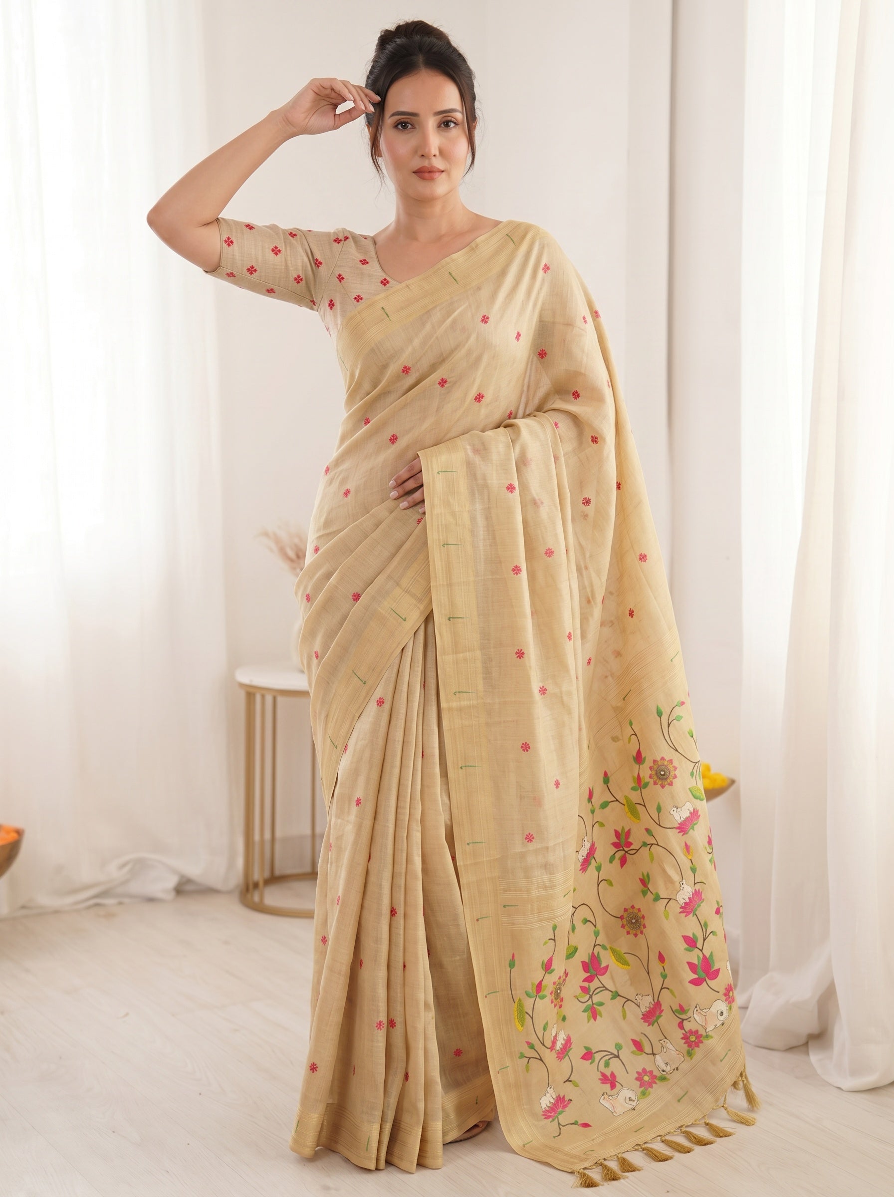 Chickoo Soft Linen Cotton Paithani Saree with Meenakari Pichwai Lotus Pallu