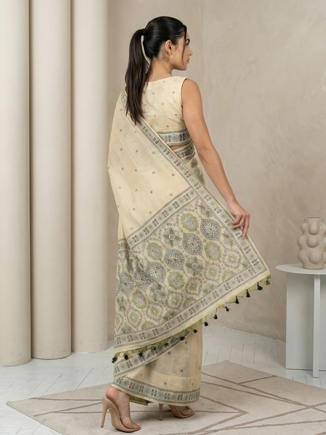 Chickoo Soft Muga Cotton with Handblock Kalamakri Pattern Saree