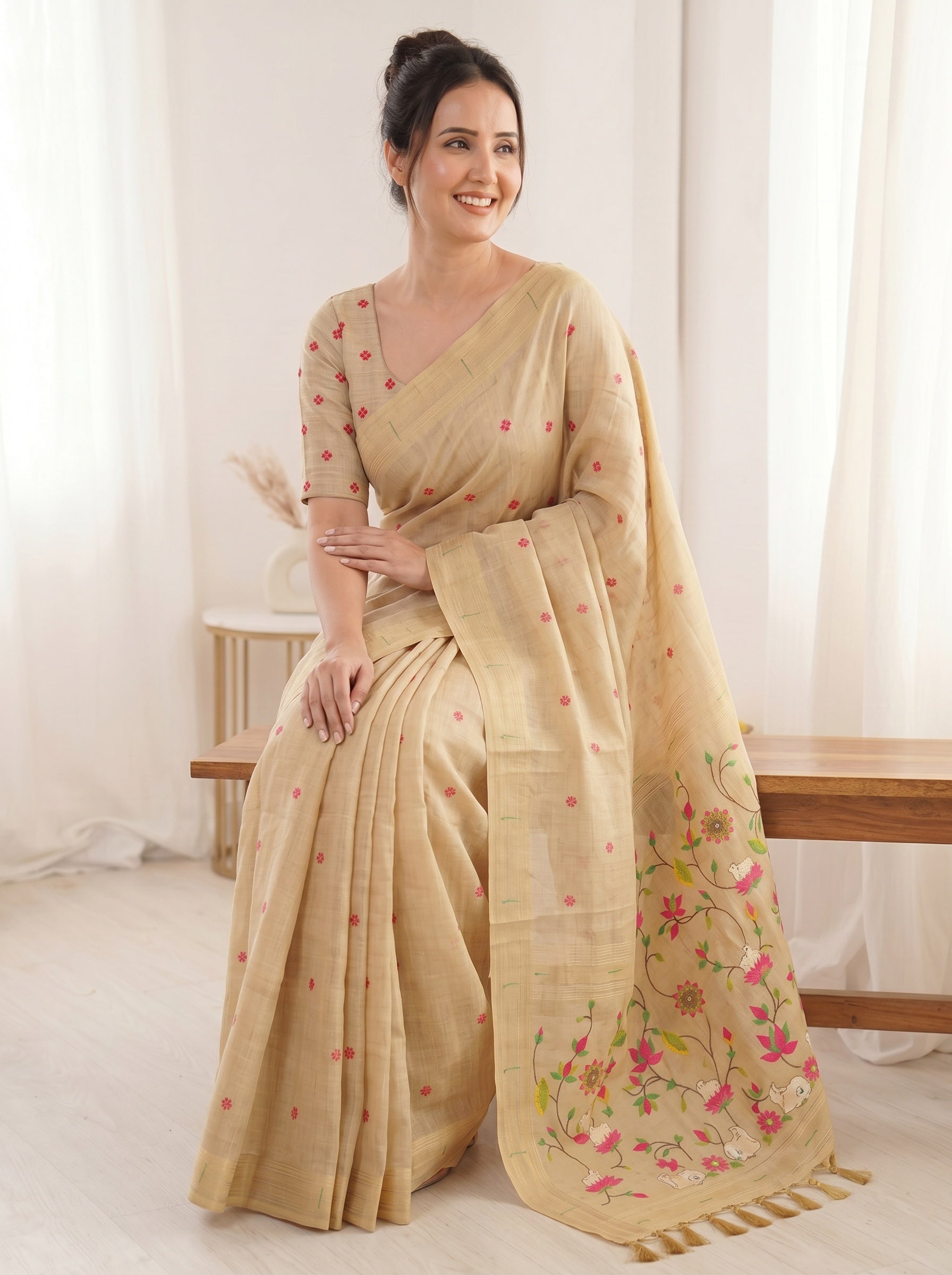 Chickoo Soft Linen Cotton Paithani Saree with Meenakari Pichwai Lotus Pallu