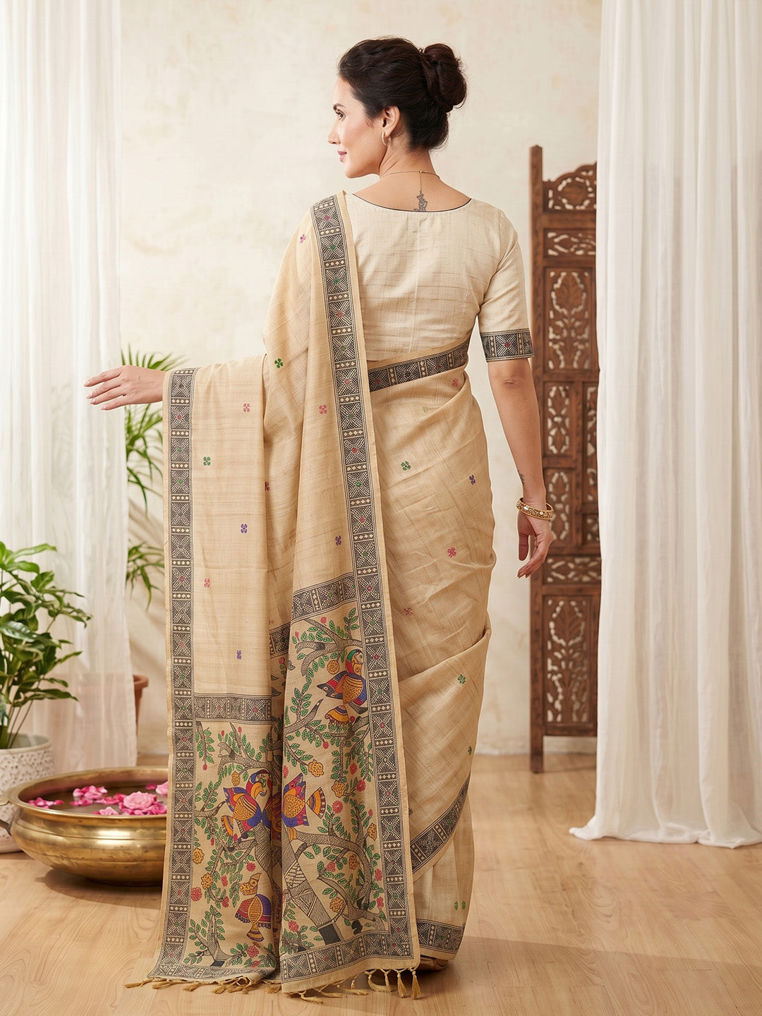 Chickoo Soft Muga Cotton with Kalamkari Style Bird Motif Narrative Pallu