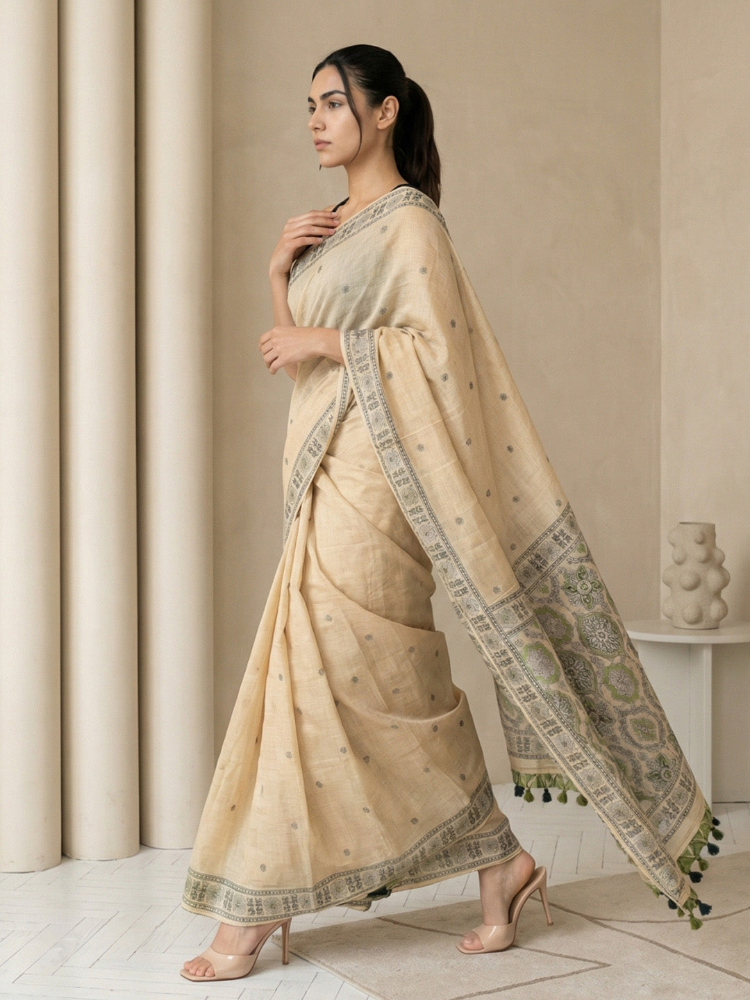 Chickoo Soft Muga Cotton with Handblock Kalamakri Pattern Saree