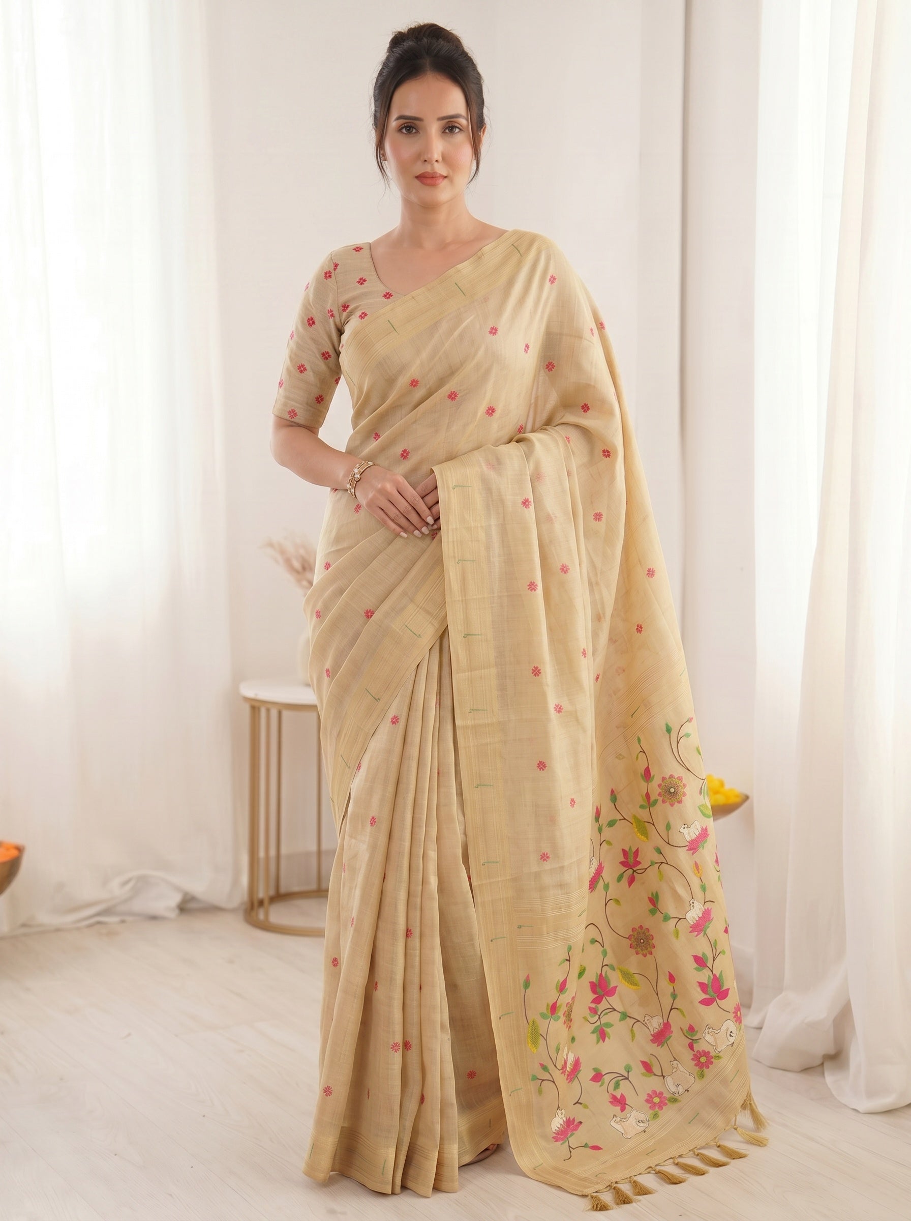 Chickoo Soft Linen Cotton Paithani Saree with Meenakari Pichwai Lotus Pallu