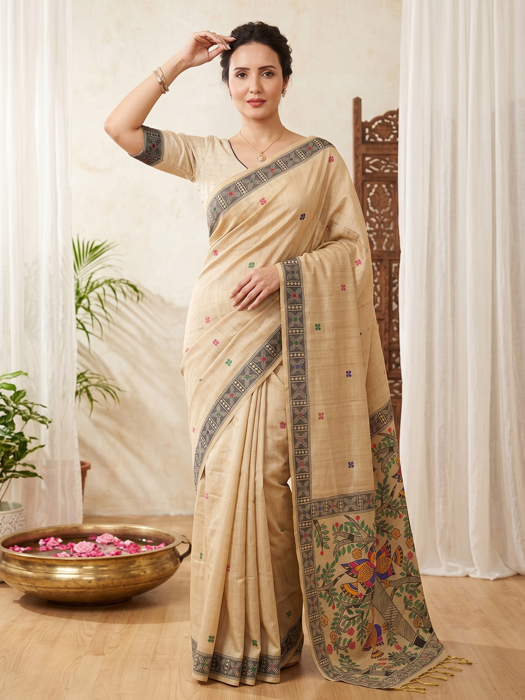 Chickoo Soft Muga Cotton with Kalamkari Style Bird Motif Narrative Pallu