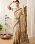 Chickoo Soft Muga Cotton with Kalamkari Style Bird Motif Narrative Pallu