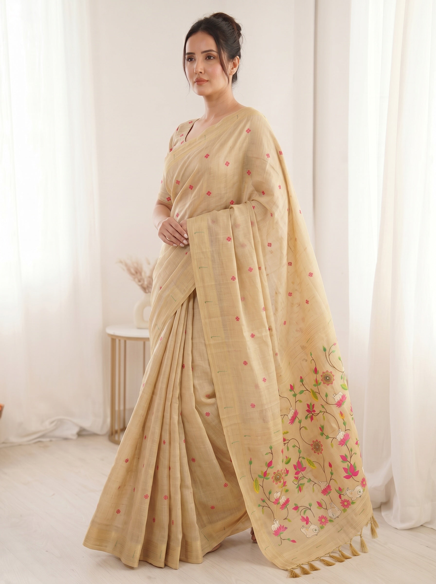 Chickoo Soft Linen Cotton Paithani Saree with Meenakari Pichwai Lotus Pallu