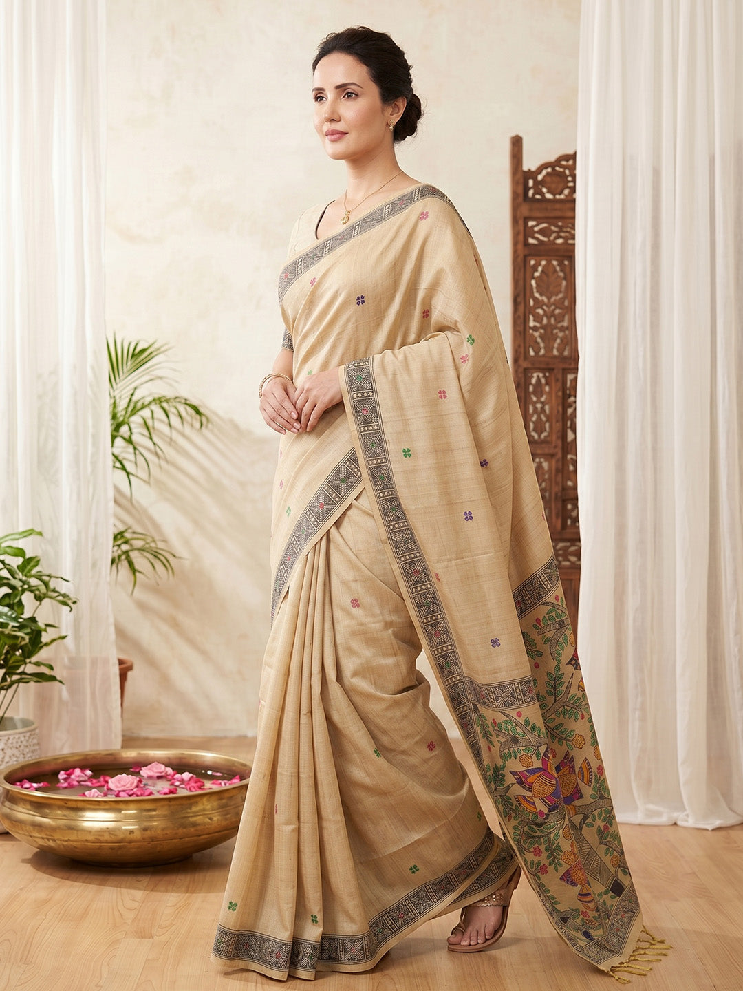 Chickoo Soft Muga Cotton with Kalamkari Style Bird Motif Narrative Pallu