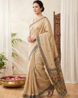 Chickoo Soft Muga Cotton with Kalamkari Style Bird Motif Narrative Pallu