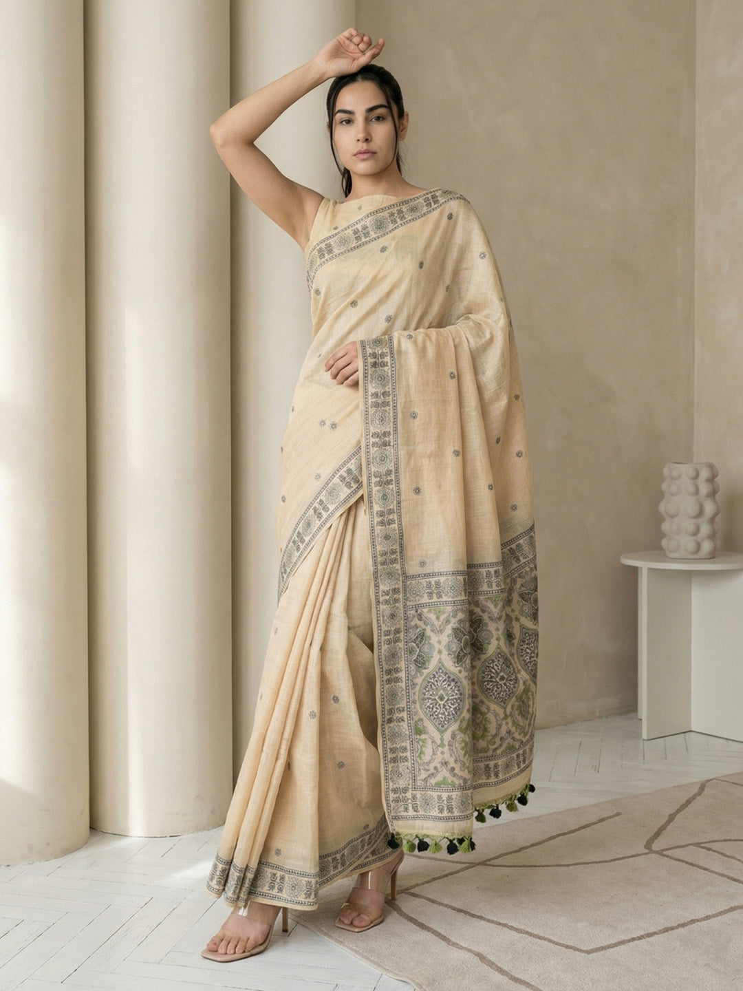 Chickoo Soft Muga Cotton with Handblock Kalamakri Pattern Saree