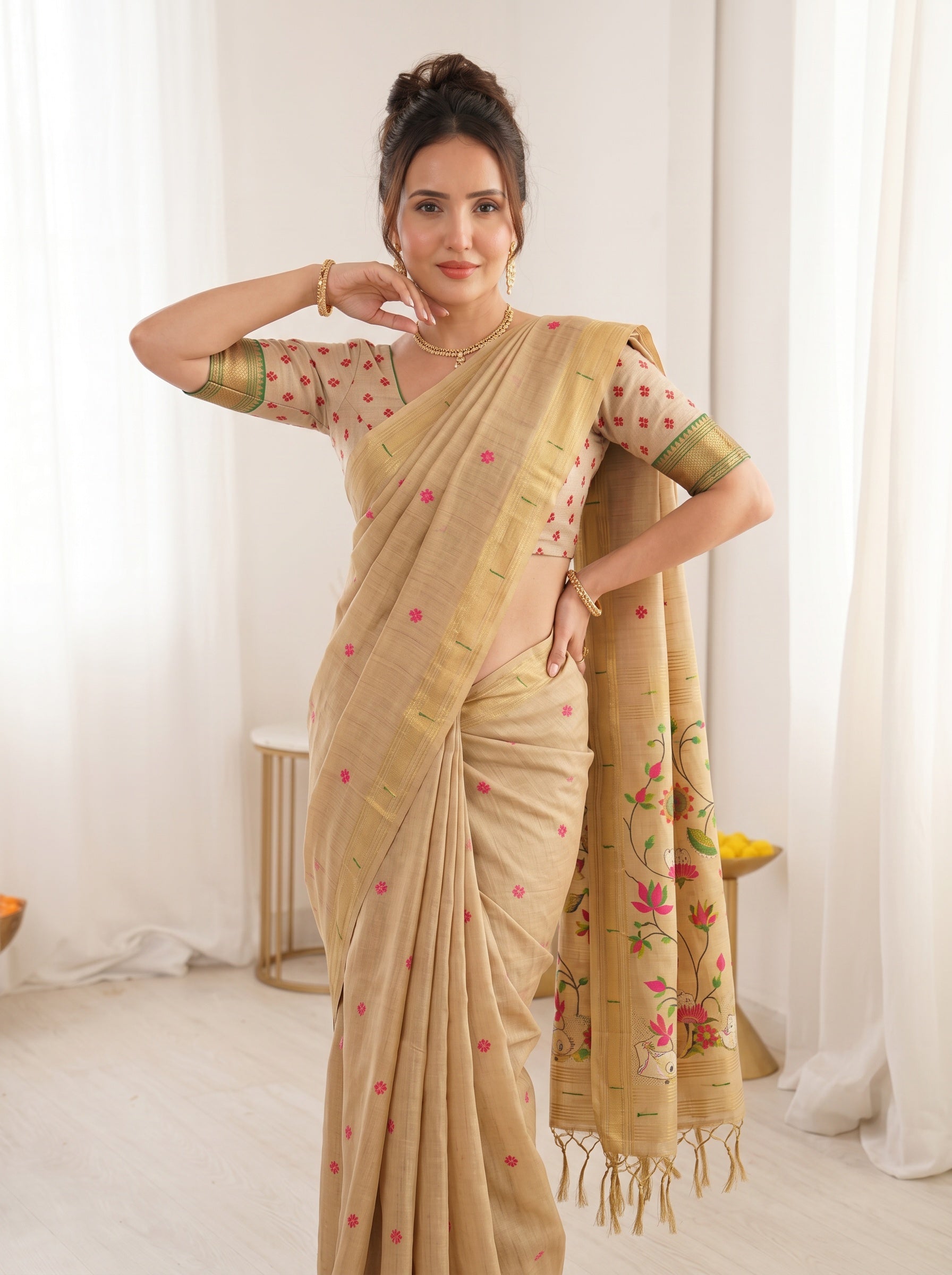Chickoo Soft Linen Cotton Paithani Saree with Meenakari Pichwai Lotus Pallu