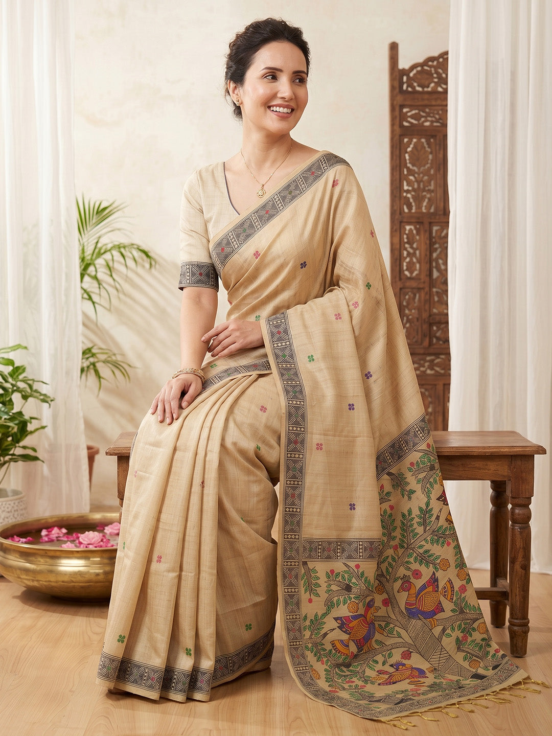 Chickoo Soft Muga Cotton with Kalamkari Style Bird Motif Narrative Pallu