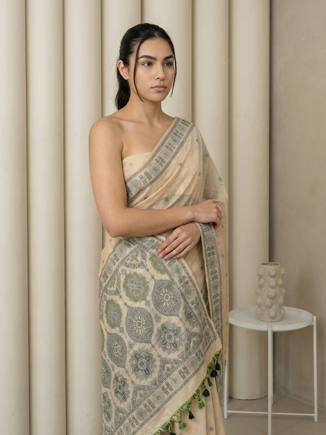Chickoo Soft Muga Cotton with Handblock Kalamakri Pattern Saree