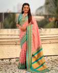 Light Pink Soft Checks Pattern and Contrast Zigzag Border Silk Saree