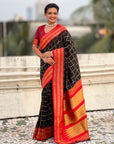 Black Soft Checks Pattern and Contrast Zigzag Border Silk Saree
