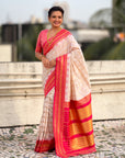 Cream Soft Checks Pattern and Contrast Zigzag Border Silk Saree