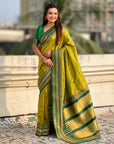 Mehendi Green Soft Checks Pattern and Contrast Zigzag Border Silk Saree