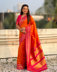 Orange Soft Checks Pattern and Contrast Zigzag Border Silk Saree