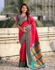 Rani PInk Soft Checks Pattern and Contrast Zigzag Border Silk Saree