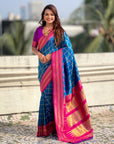 Rama Blue Soft Checks Pattern and Contrast Zigzag Border Silk Saree