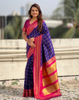 Violet Soft Checks Pattern and Contrast Zigzag Border Silk Saree