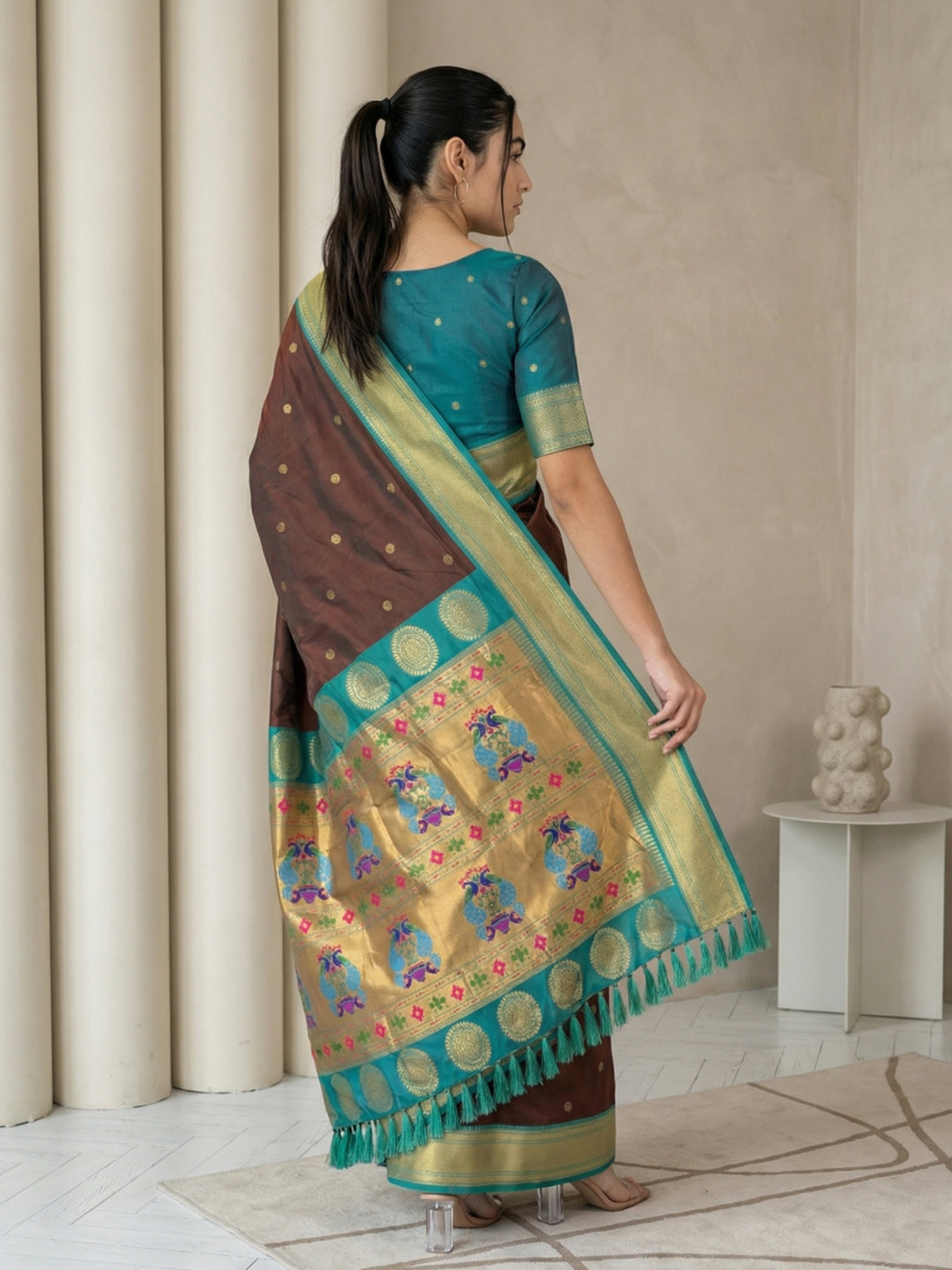 Coffee Soft Paithani Silk Zari Woven Saree with Peacock Pallu