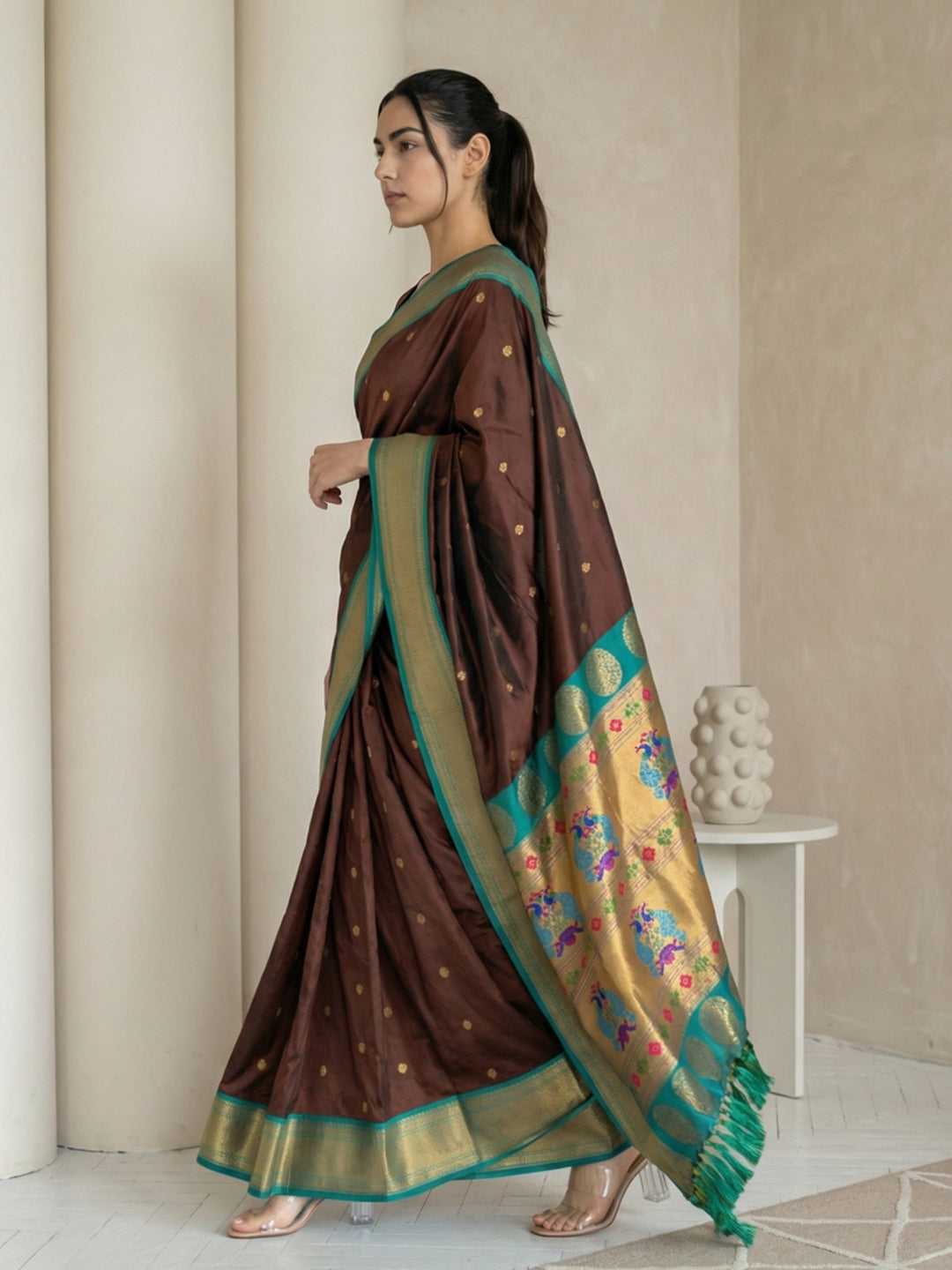 Coffee Soft Paithani Silk Zari Woven Saree with Peacock Pallu