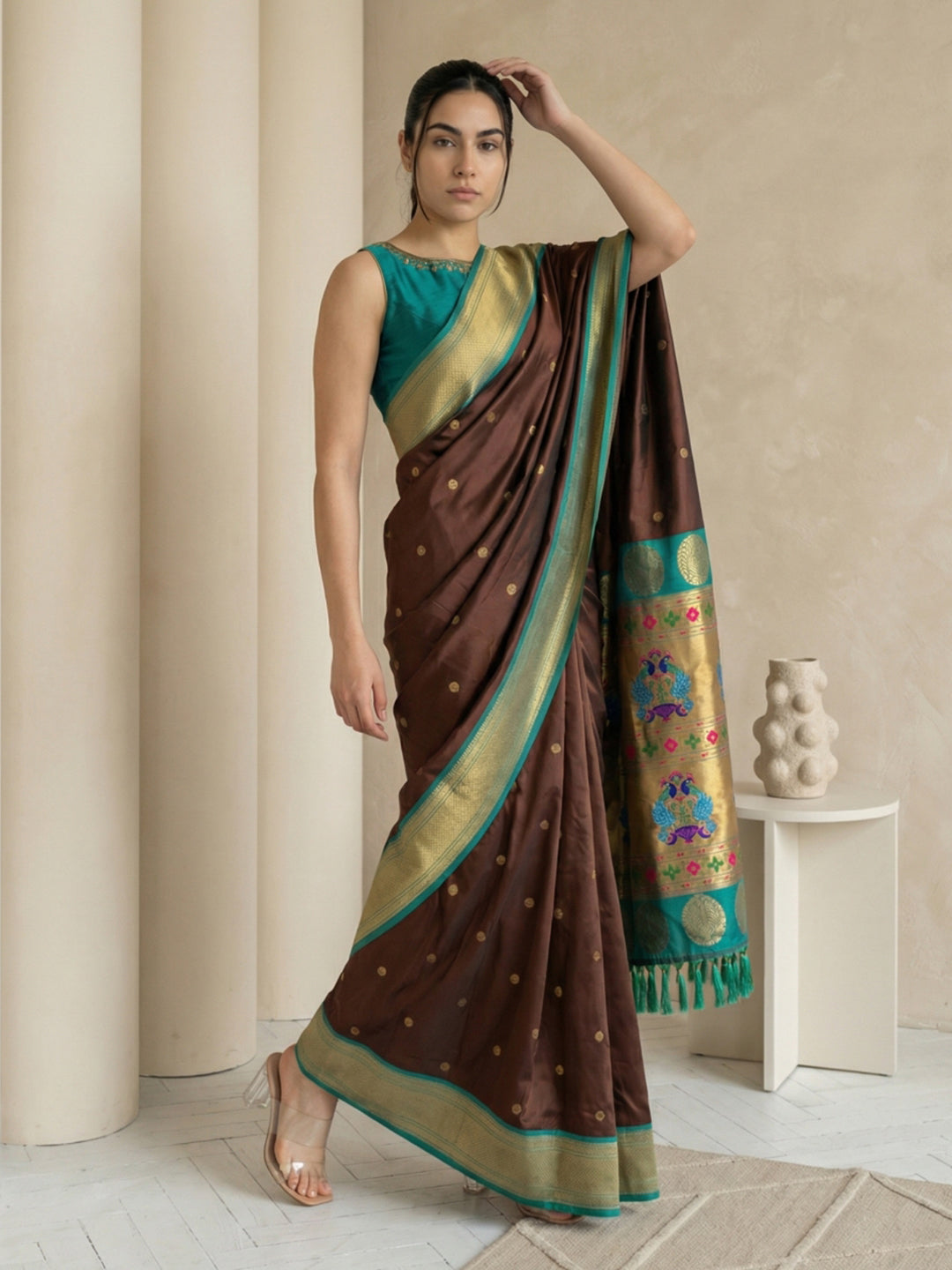 Coffee Soft Paithani Silk Zari Woven Saree with Peacock Pallu