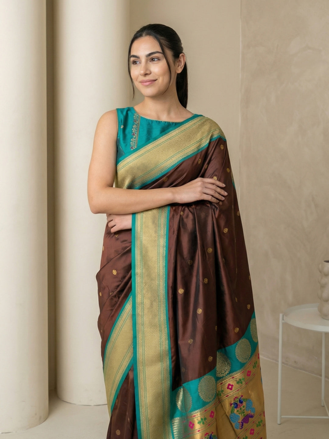 Coffee Soft Paithani Silk Zari Woven Saree with Peacock Pallu