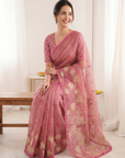 Coral Pink Soft Oris Silk with Floral Applique Work Saree