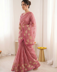 Coral Pink Soft Oris Silk with Floral Applique Work Saree