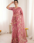 Coral Pink Soft Oris Silk with Floral Applique Work Saree
