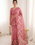 Coral Pink Soft Oris Silk with Floral Applique Work Saree
