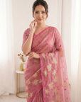 Coral Pink Soft Oris Silk with Floral Applique Work Saree