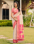 Cream Soft Ikkal Silk Zari Woven Kolam Pattern Saree with Paithani Pallu