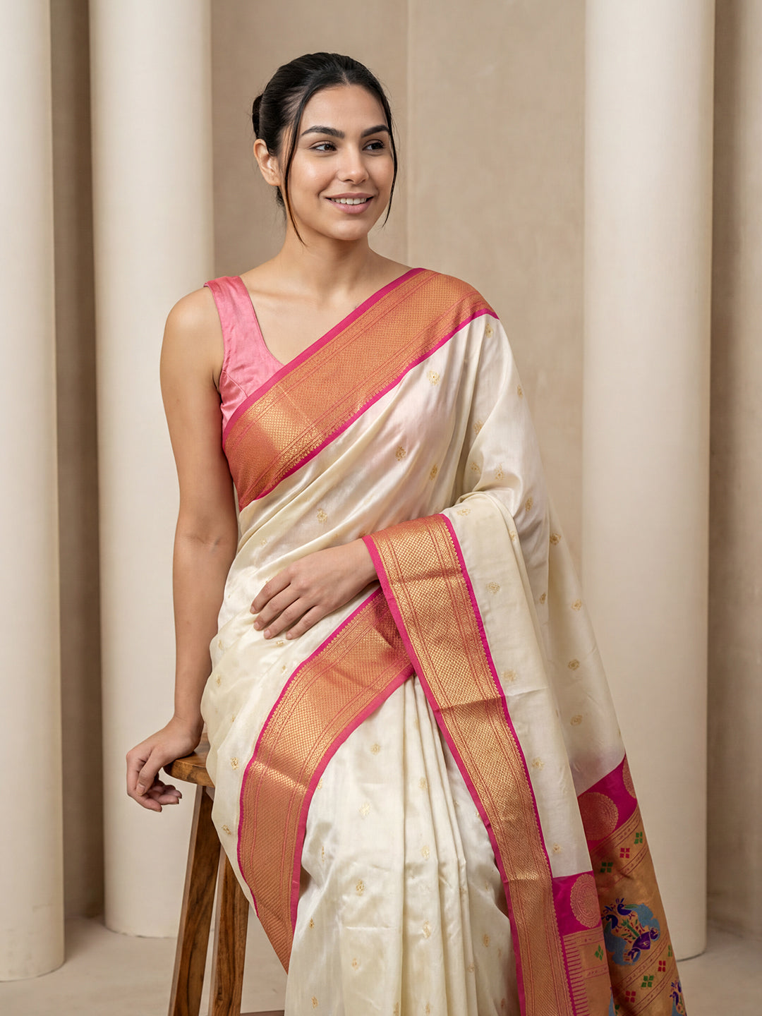 Cream Soft Paithani Silk Zari Woven Saree with Peacock Pallu