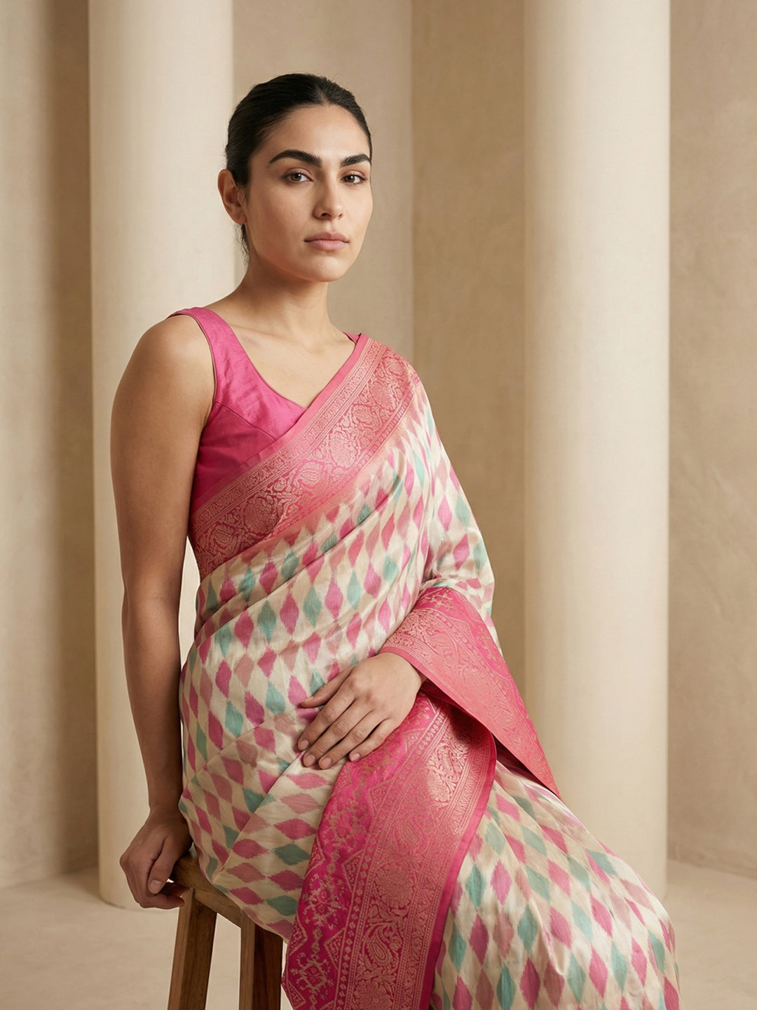 Cream Soft Ikkat Patola Silk  Geometric Ikkat Weaves Saree