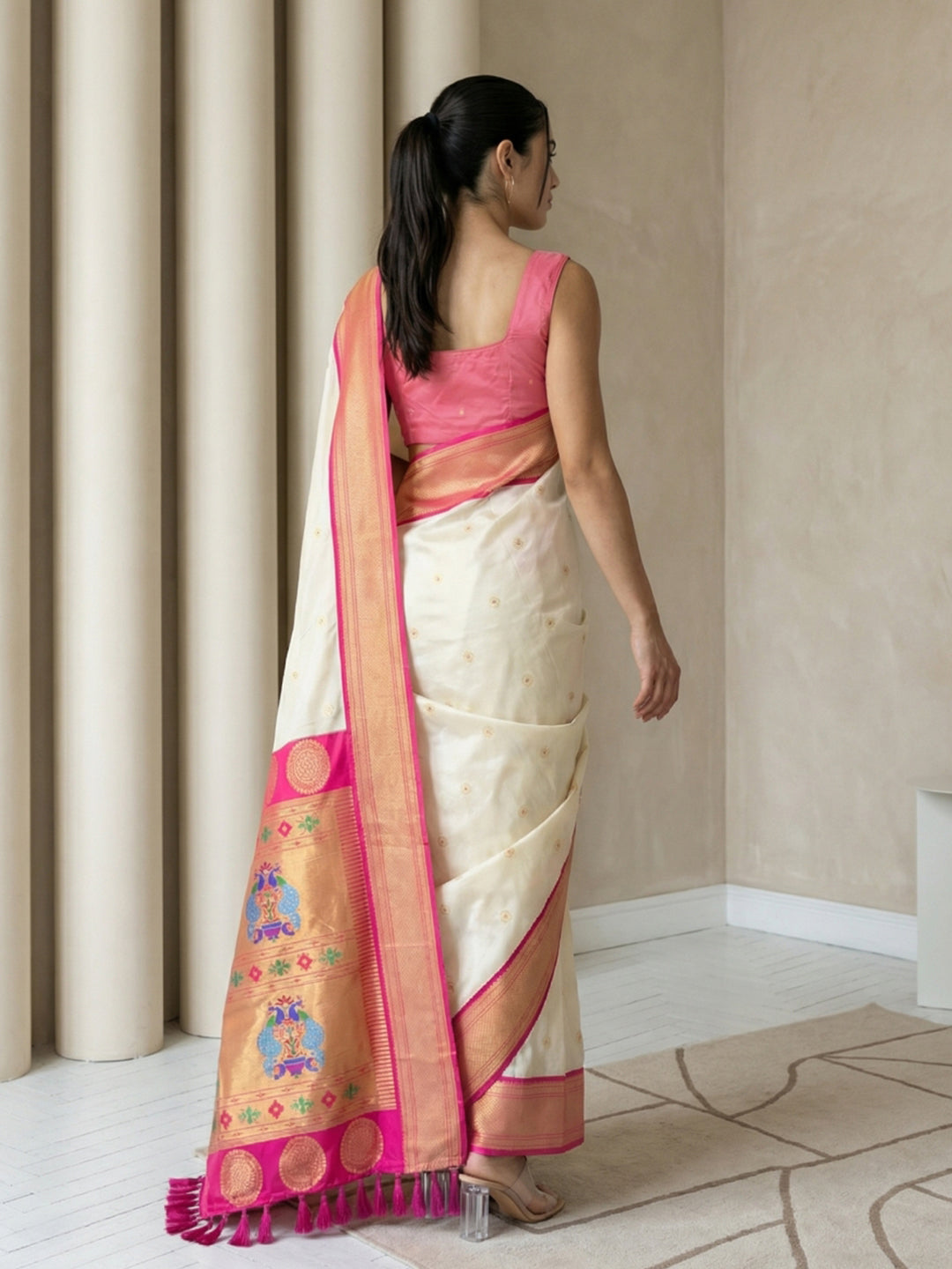 Cream Soft Paithani Silk Zari Woven Saree with Peacock Pallu