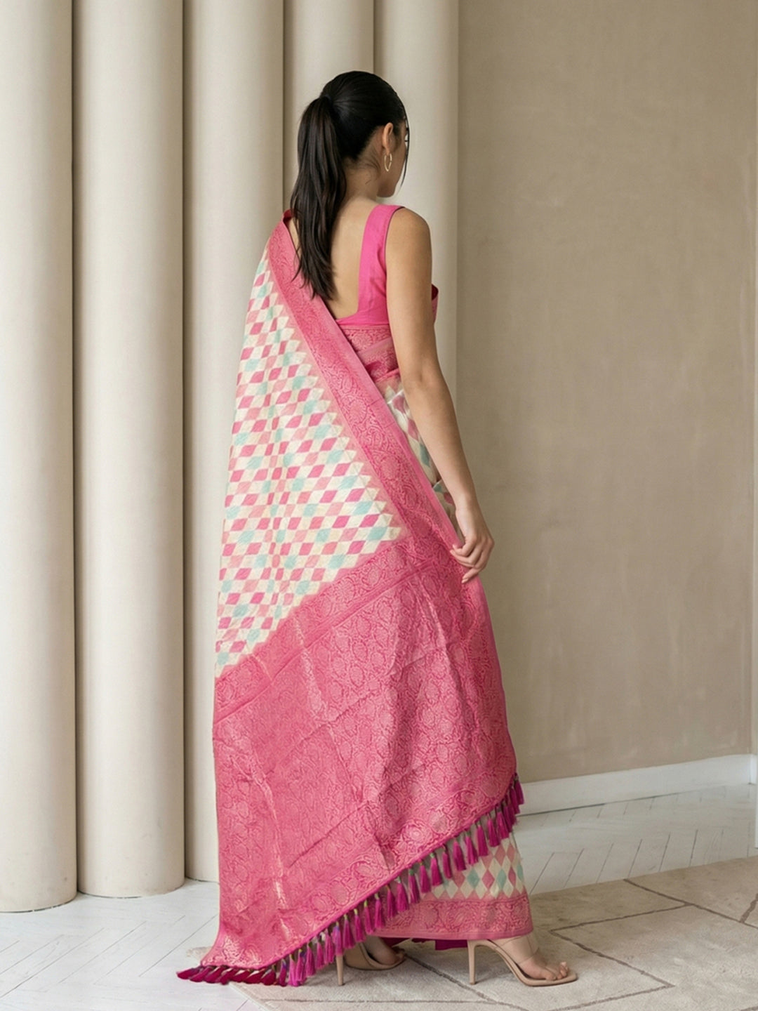 Cream Soft Ikkat Patola Silk  Geometric Ikkat Weaves Saree