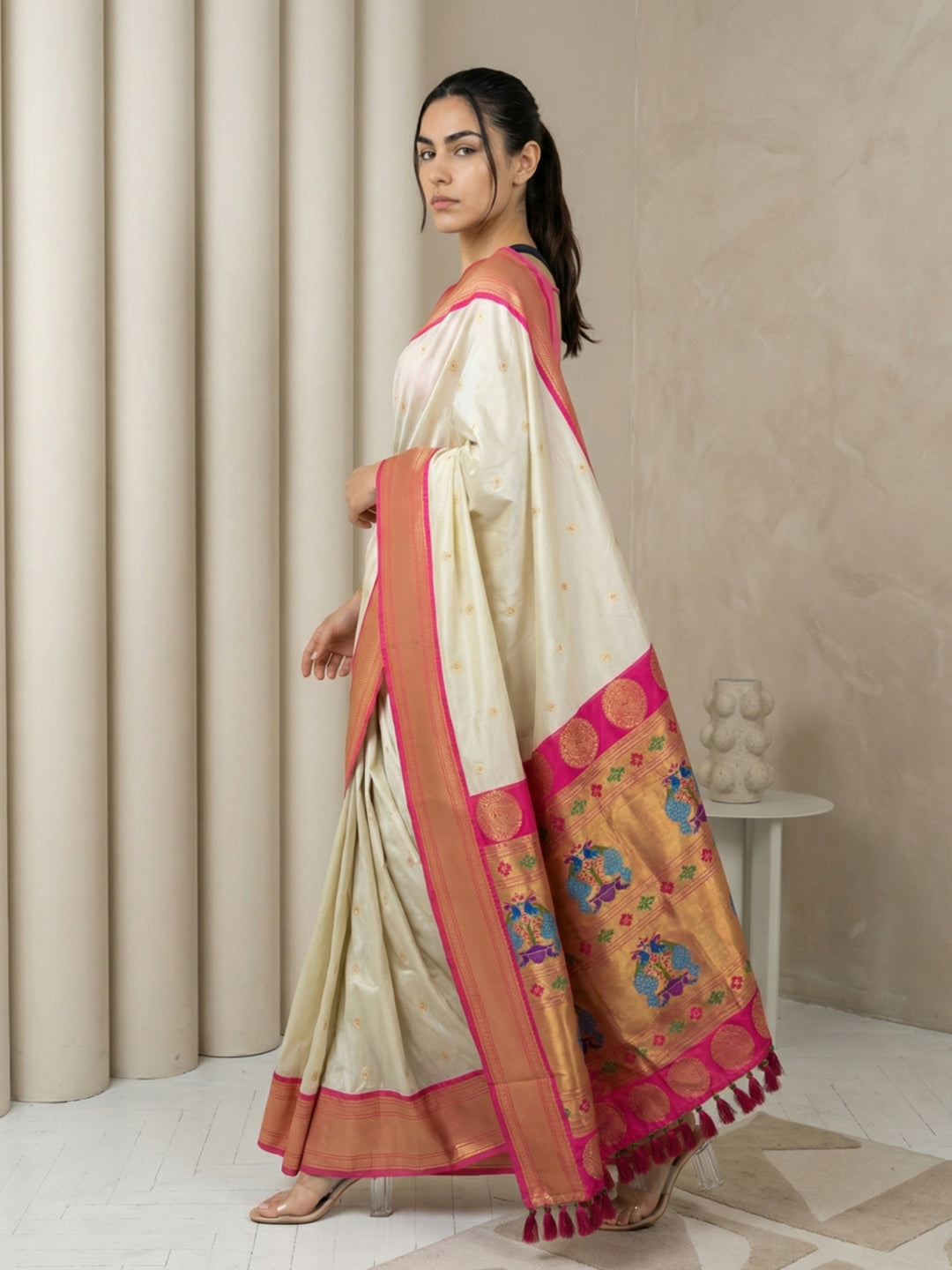 Cream Soft Paithani Silk Zari Woven Saree with Peacock Pallu