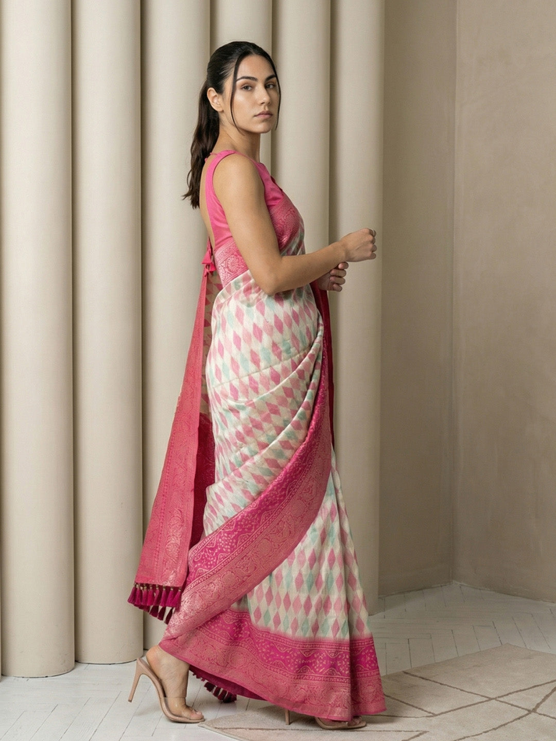 Cream Soft Ikkat Patola Silk  Geometric Ikkat Weaves Saree