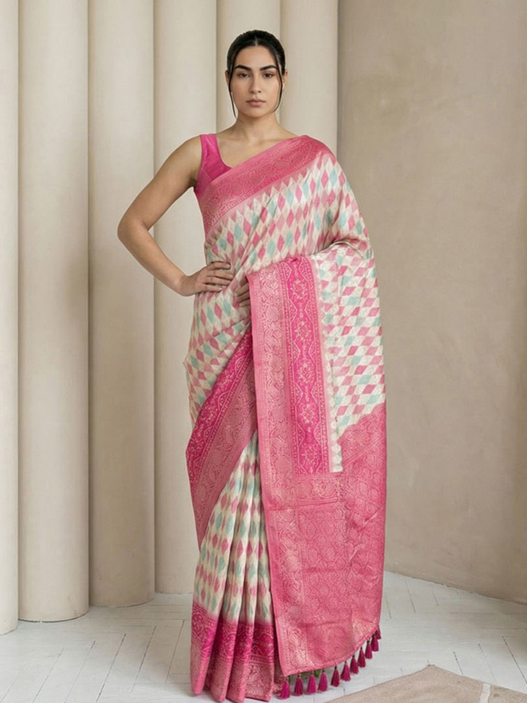 Cream Soft Ikkat Patola Silk  Geometric Ikkat Weaves Saree