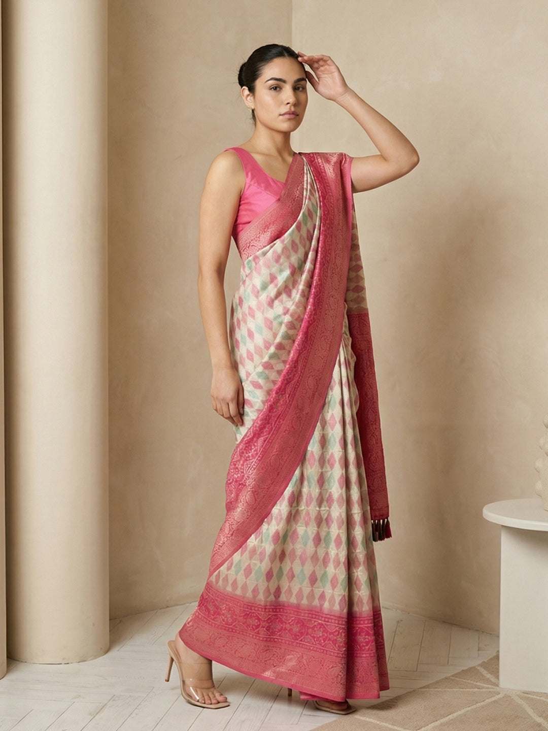 Cream Soft Ikkat Patola Silk  Geometric Ikkat Weaves Saree