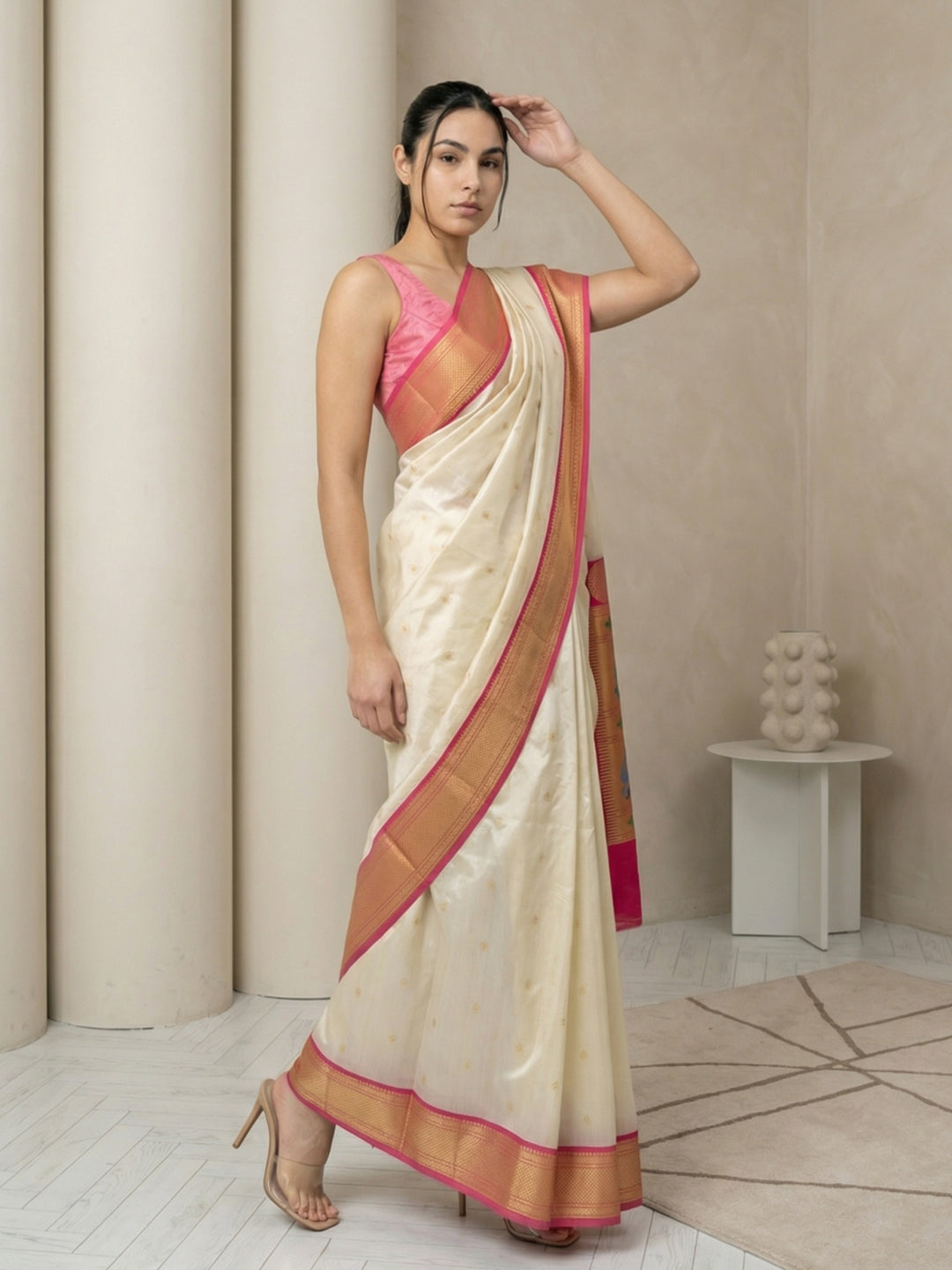 Cream Soft Paithani Silk Zari Woven Saree with Peacock Pallu